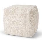 18" Cream and Beige Fabric Damask Pouf Ottoman