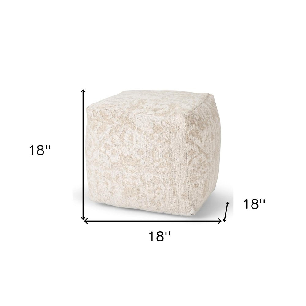 18" Cream and Beige Fabric Damask Pouf Ottoman