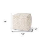 18" Cream and Beige Fabric Damask Pouf Ottoman