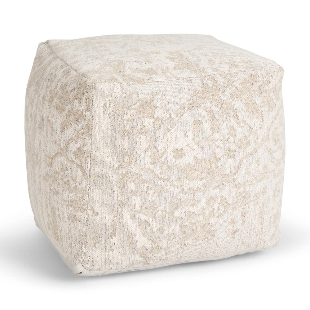 18" Cream and Beige Fabric Damask Pouf Ottoman