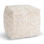 18" Cream and Beige Fabric Damask Pouf Ottoman