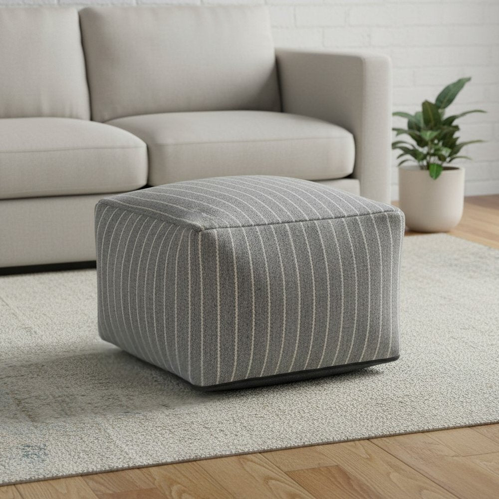 22" Blue and White Textural Stripe Cube Pouf Ottoman