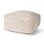 36" Beige and Cream Chenille Damask Pouf Ottoman