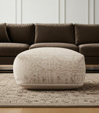 36" Beige and Cream Chenille Damask Pouf Ottoman