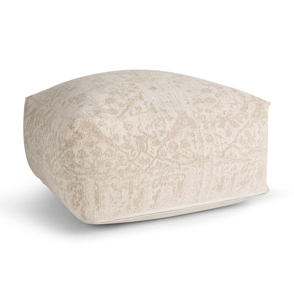 36" Beige and Cream Chenille Damask Pouf Ottoman