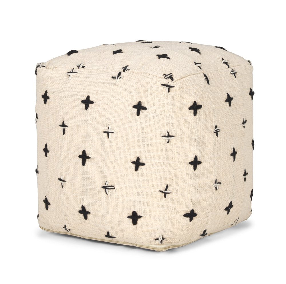 16" Cream And Black Wool Polka Dots Cube Pouf Ottoman