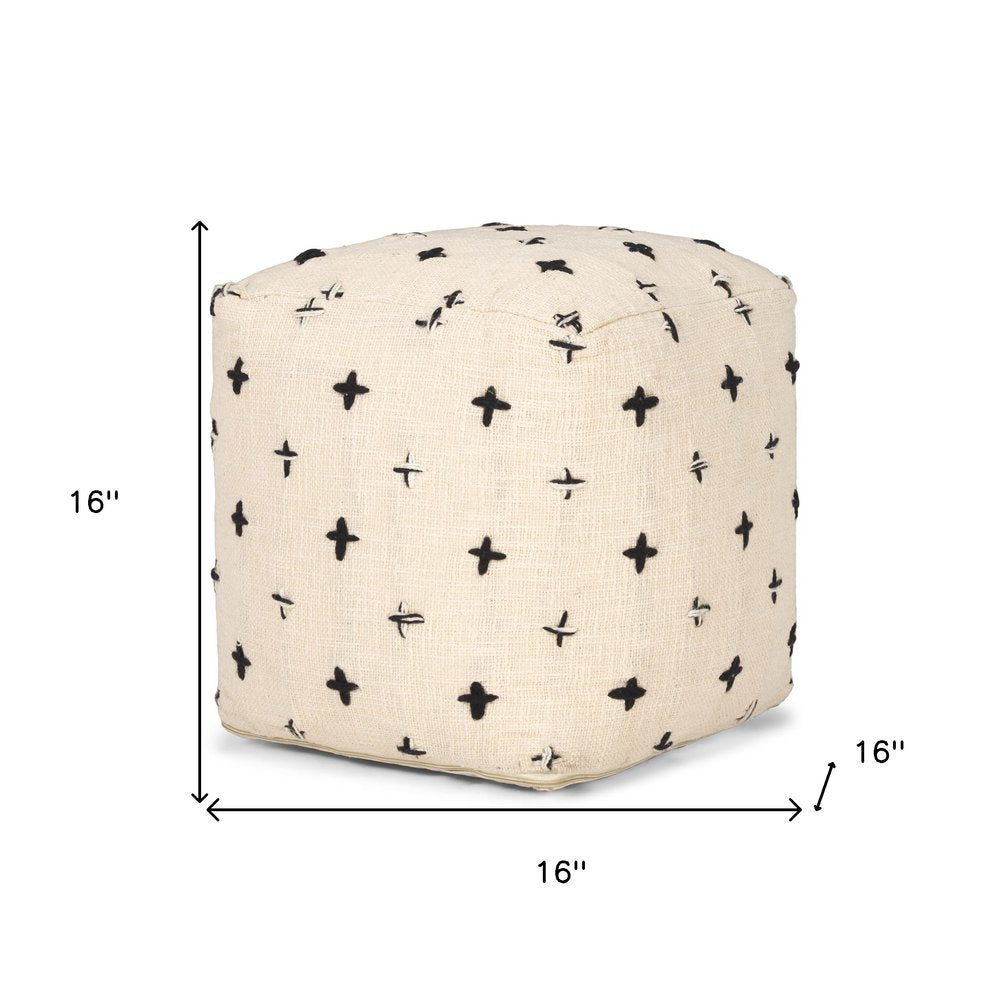 16" Cream And Black Wool Polka Dots Cube Pouf Ottoman