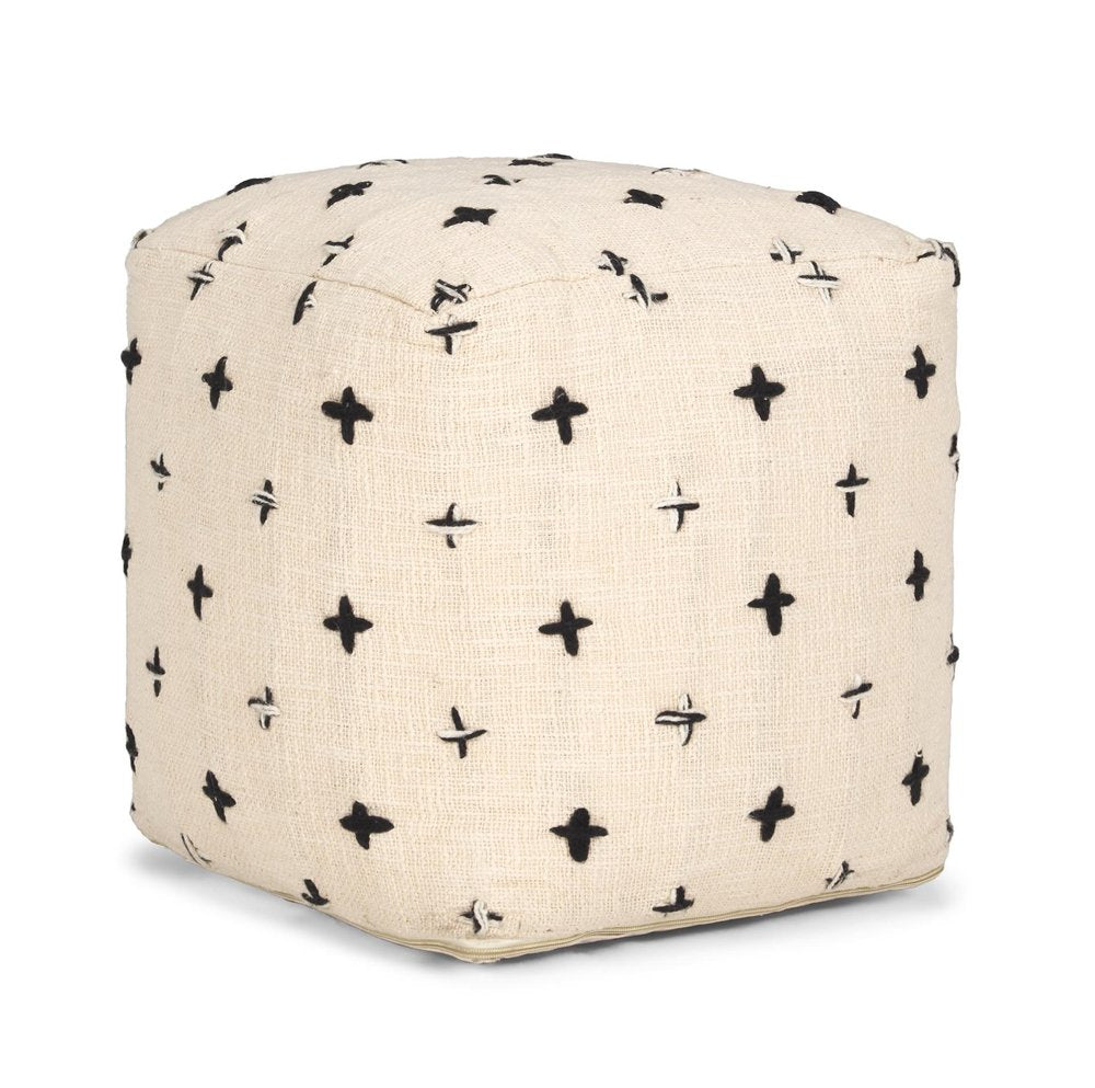 16" Cream And Black Wool Polka Dots Cube Pouf Ottoman