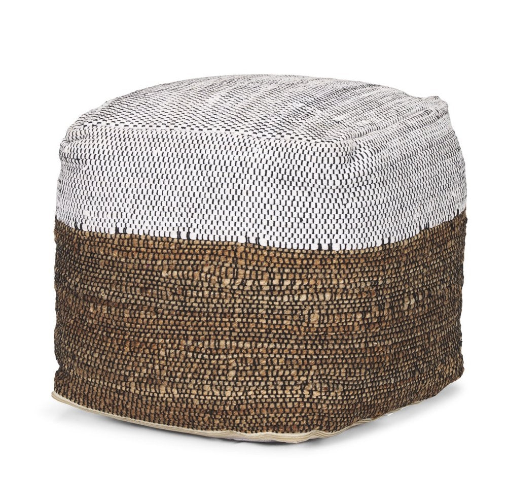 16" White Black And Natural Cotton And Jute Color Block Cube Pouf Ottoman
