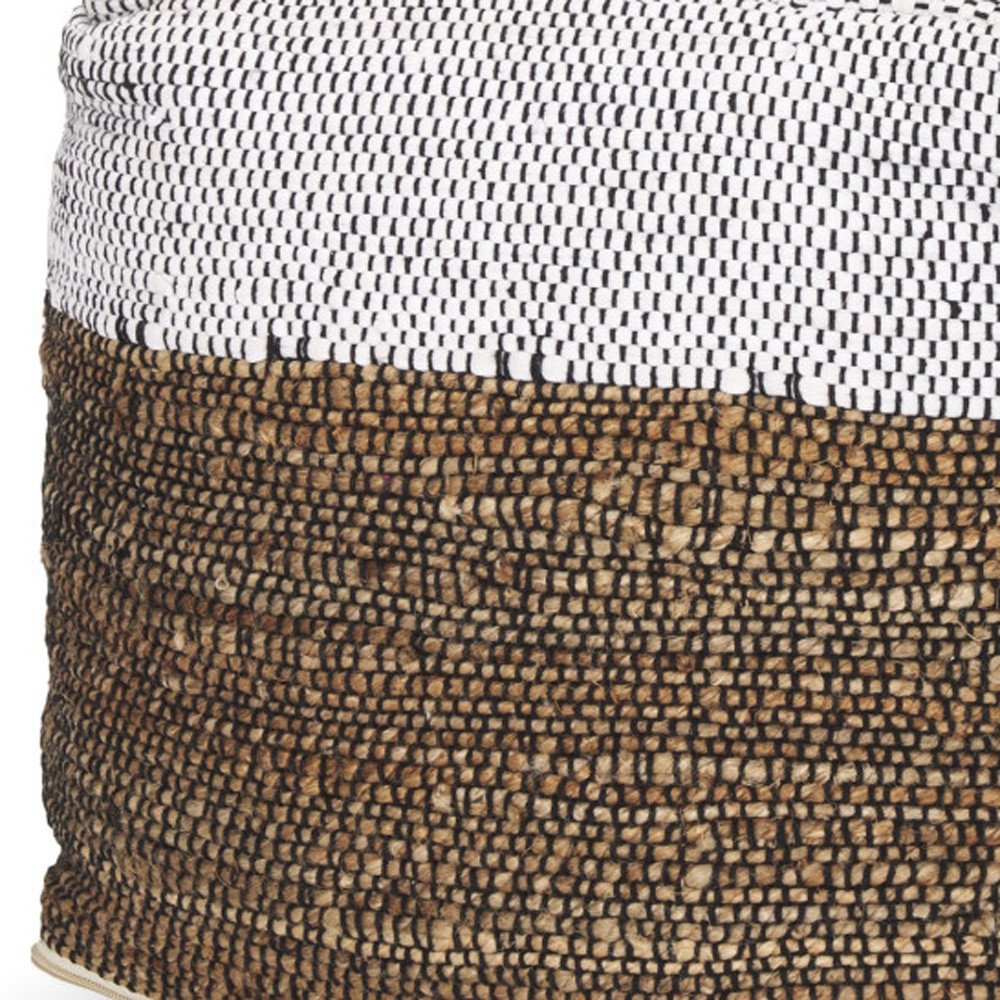 16" White Black And Natural Cotton And Jute Color Block Cube Pouf Ottoman