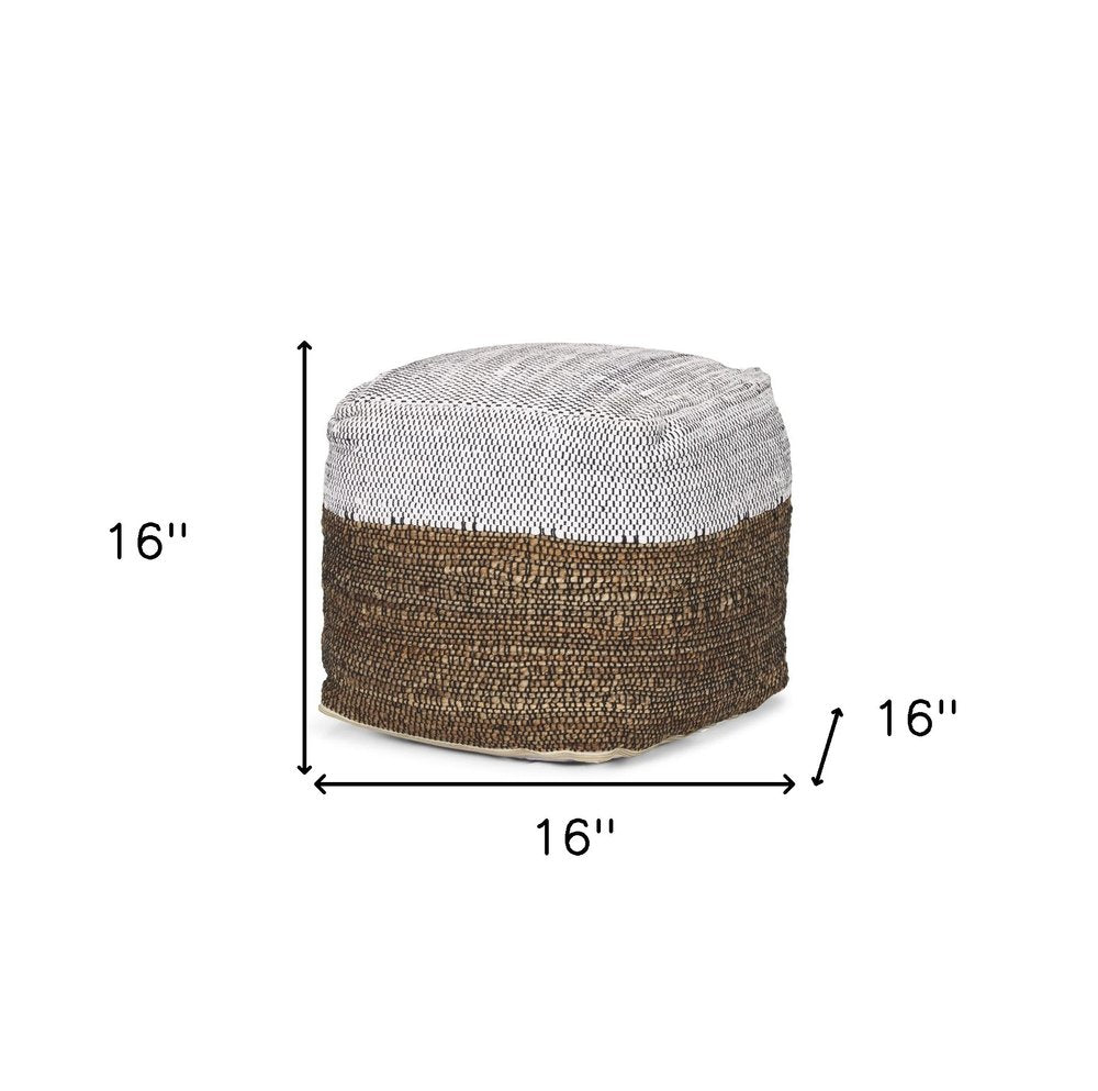 16" White Black And Natural Cotton And Jute Color Block Cube Pouf Ottoman
