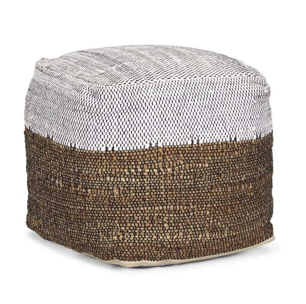 16" White Black And Natural Cotton And Jute Color Block Cube Pouf Ottoman
