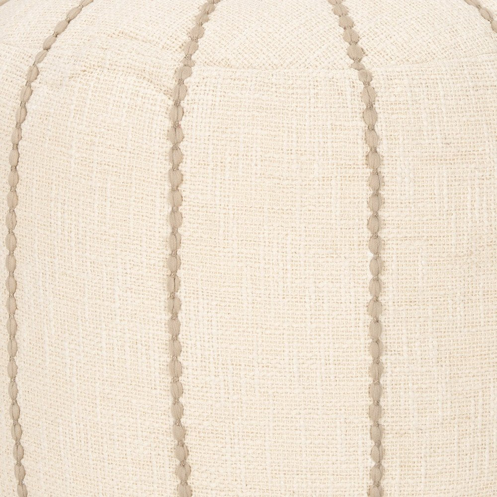 18" Beige and Taupe Fabric Striped Round Pouf Ottoman