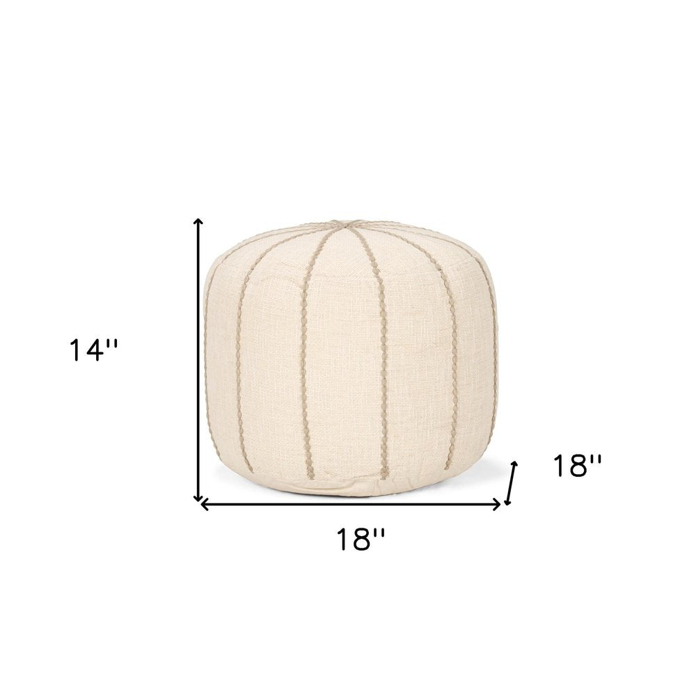 18" Beige and Taupe Fabric Striped Round Pouf Ottoman