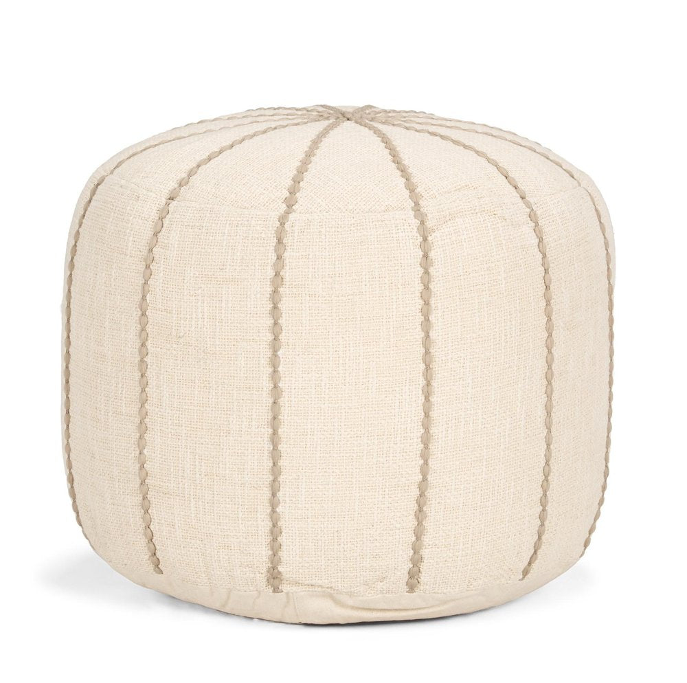 18" Beige and Taupe Fabric Striped Round Pouf Ottoman