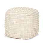 16" Beige and Cream Wool Striped Cube Pouf Ottoman