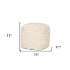 16" Beige and Cream Wool Striped Cube Pouf Ottoman