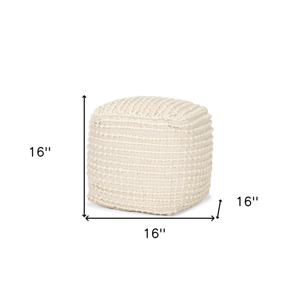 16" Beige and Cream Wool Striped Cube Pouf Ottoman