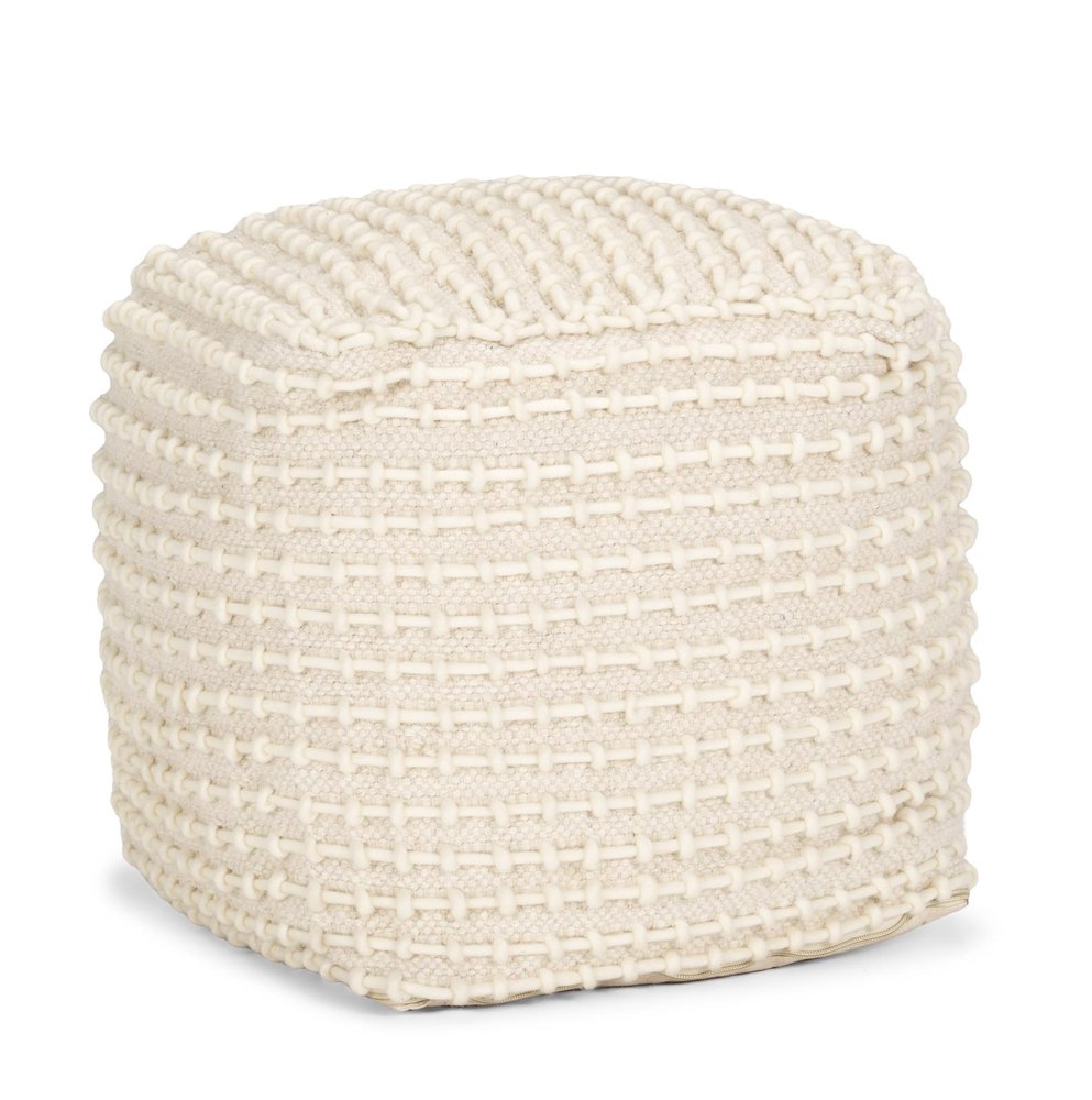 16" Beige and Cream Wool Striped Cube Pouf Ottoman