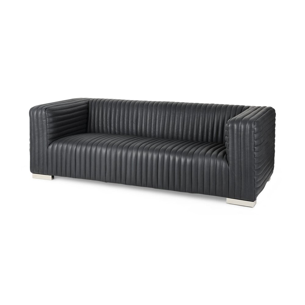 83" Brown Channel Tufted Leather Sofa