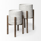 Set of Two Cream And Brown Ceramic And Wood Round Elevated Planters