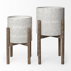 Set of Two Cream And Brown Ceramic And Wood Round Elevated Planters