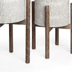 Set of Two Cream And Brown Ceramic And Wood Round Elevated Planters