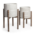 Set of Two Cream And Brown Ceramic And Wood Round Elevated Planters