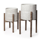 Set of Two Cream And Brown Ceramic And Wood Round Elevated Planters