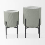 Set of Two Black And Green Metal 20 Ounce Round Elevated Planters
