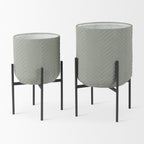 Set of Two Black And Green Metal 20 Ounce Round Elevated Planters