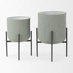 Set of Two Black And Green Metal 20 Ounce Round Elevated Planters