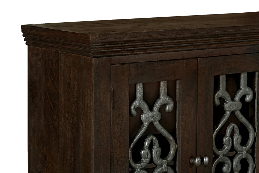 84" Brown Distressed Solid Wood Four Drawer Sideboard With Four Glass Doors