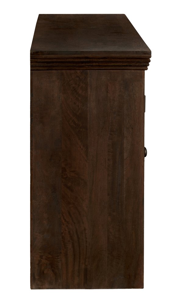 84" Brown Distressed Solid Wood Four Drawer Sideboard With Four Glass Doors