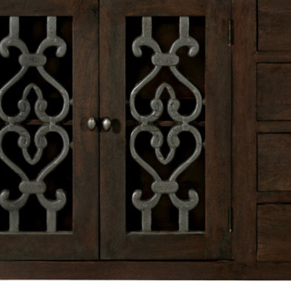 84" Brown Distressed Solid Wood Four Drawer Sideboard With Four Glass Doors