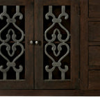 84" Brown Distressed Solid Wood Four Drawer Sideboard With Four Glass Doors