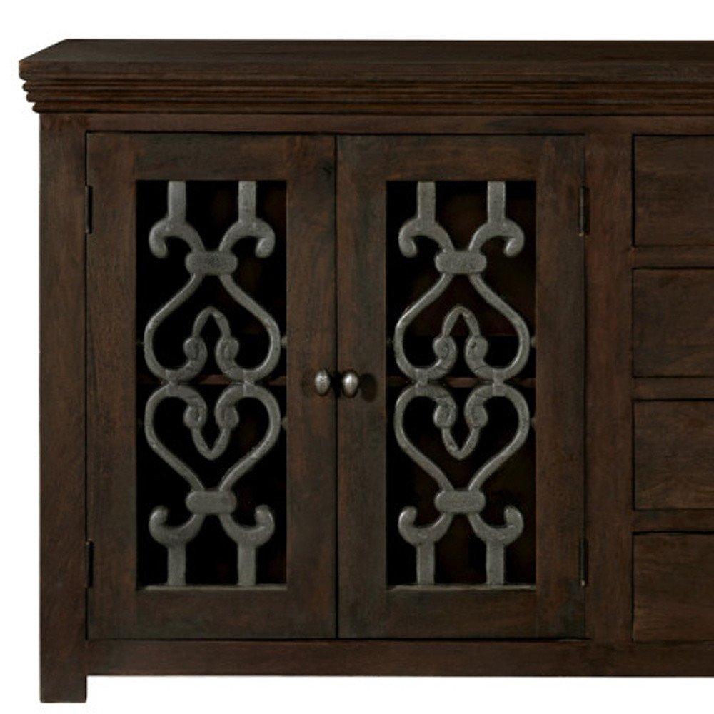 84" Brown Distressed Solid Wood Four Drawer Sideboard With Four Glass Doors