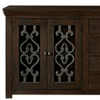 84" Brown Distressed Solid Wood Four Drawer Sideboard With Four Glass Doors