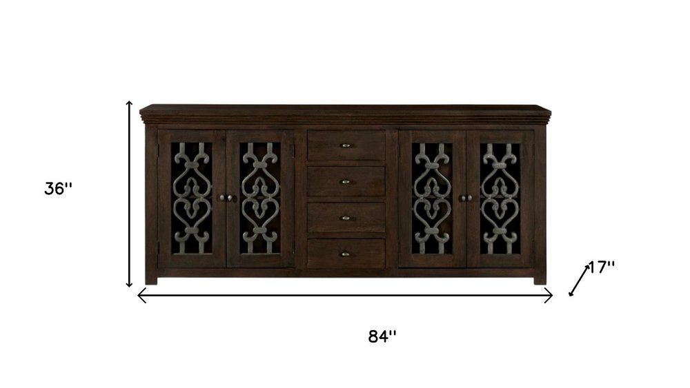 84" Brown Distressed Solid Wood Four Drawer Sideboard With Four Glass Doors