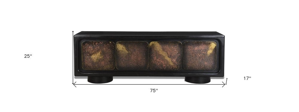75" Black Distressed Solid Wood Sideboard with Four Doors