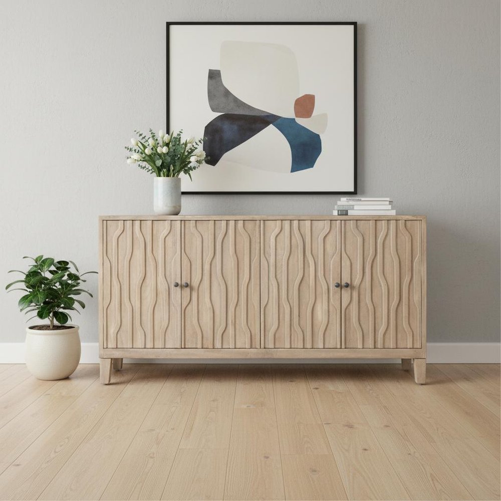 69" Ivory Distressed Reclaimed Wood Carved Geometric Sideboard With Four Doors