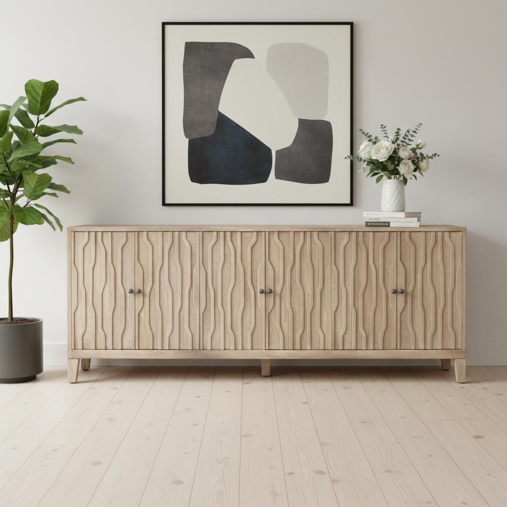 92" Ivory Distressed Reclaimed Wood Carved Geometric Sideboard With Six Doors
