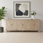 92" Ivory Distressed Reclaimed Wood Carved Geometric Sideboard With Six Doors