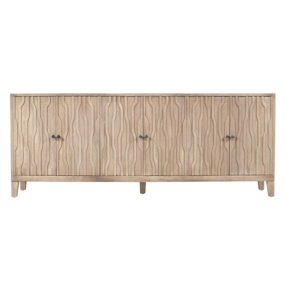 92" Ivory Distressed Reclaimed Wood Carved Geometric Sideboard With Six Doors