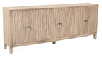92" Ivory Distressed Reclaimed Wood Carved Geometric Sideboard With Six Doors