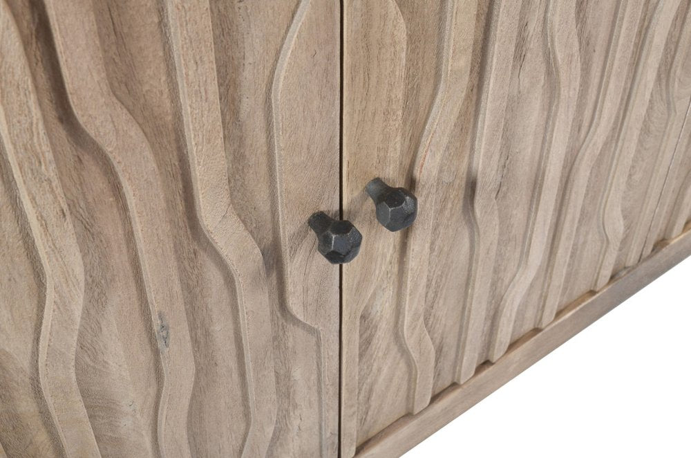 92" Ivory Distressed Reclaimed Wood Carved Geometric Sideboard With Six Doors