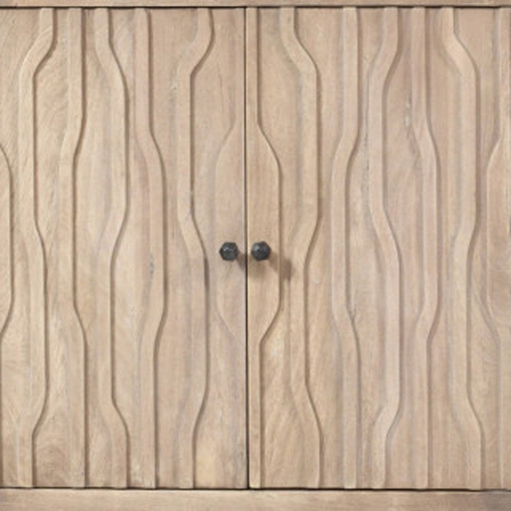 92" Ivory Distressed Reclaimed Wood Carved Geometric Sideboard With Six Doors