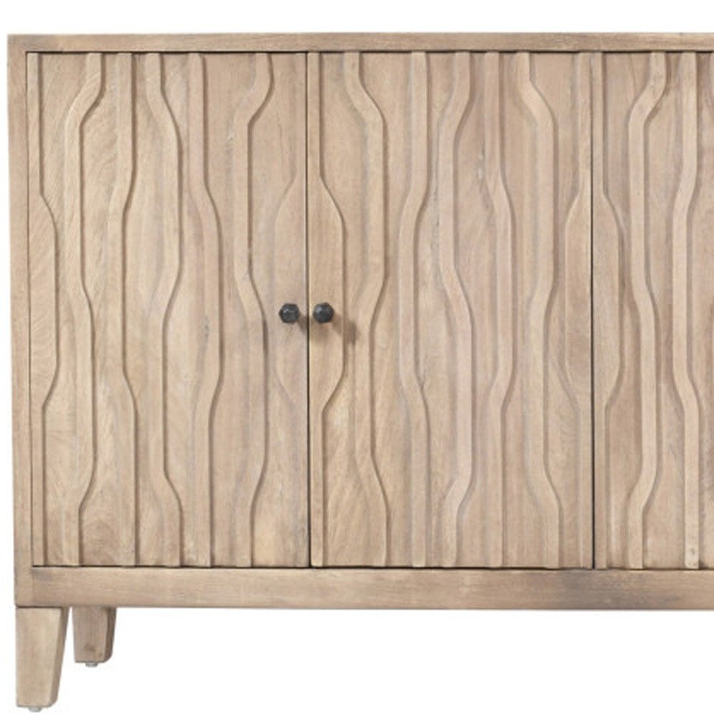 92" Ivory Distressed Reclaimed Wood Carved Geometric Sideboard With Six Doors