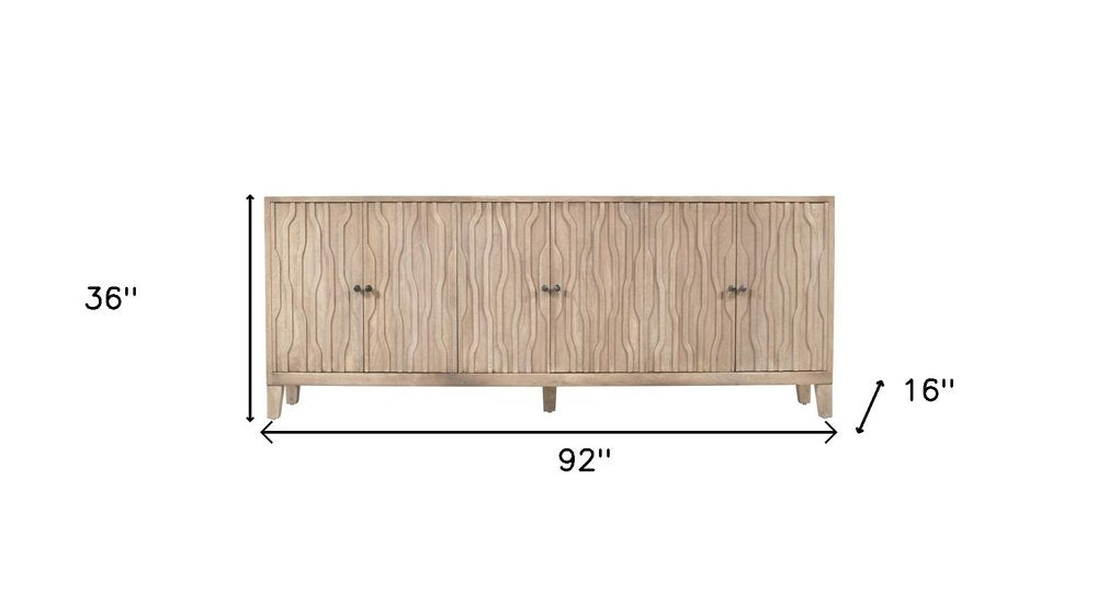 92" Ivory Distressed Reclaimed Wood Carved Geometric Sideboard With Six Doors