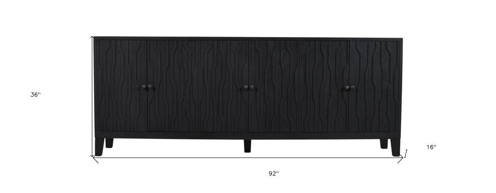 92" Graphite Distressed Reclaimed Wood Carved Geometric Sideboard With Six Doors